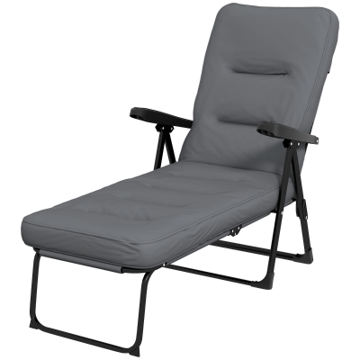 Outsunny Outdoor Lounge Chair with Padded Cushion, Folding Reclining Patio Garden Chair with Recline Back, Footrest, for Poolside, Patio, Light Grey