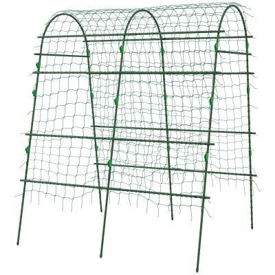 Outsunny Arched Garden Trellis w/ Climbing Net Metal Cucumber Plant Trellis A-Frame for Climbing Plants 57" x 66" x 81"