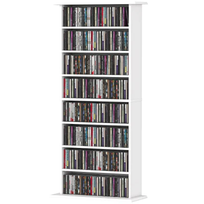 HOMCOM 8-Tier DVD Shelf with 6 Adjustable Shelves, Slim CD Shelf, Holds 360 CDs, 185 DVDs or 185 Blu-rays, White