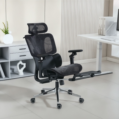 HOMCOM Ergonomic Office Chair, Mesh Computer Chair with High Back, Lumbar Support, 6D Armrests, Headrest, Footrest, Black