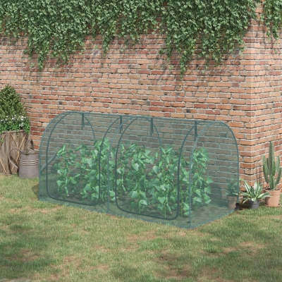Outsunny 8' x 3' Crop Cage, Garden Plant Protector, with 3 Zippered Doors and 6 Ground Stakes, for Garden, Yard, Lawn Dark Green