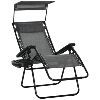 Outsunny Outdoor Zero Gravity Reclining Lounger Chair with Canopy Shade, Side Tray, Cupholder, Light Grey