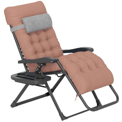 Outsunny Padded Folding Recliner Chair, Patio Lounger with Cupholder, Adjustable Backrest, Removable Cushion, Khaki
