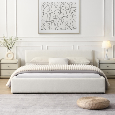 Queen Wide-Edge Bed with 12 Wooden Slats & 3 Support Legs, Solid Bed Frame with a Sturdy Stand, 87.5'' L x 66.5'' W x 27.5''H cm, Beige