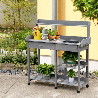 Outsunny Potting Bench Table Garden Work Bench Workstation with Drawer, Removable Sink, Storage Shelves and Hooks for Patio, Courtyards, Balcony