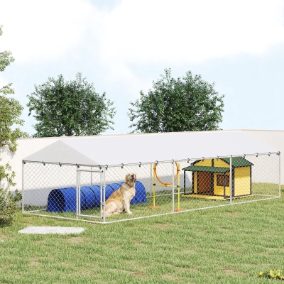 PawHut 19.7' x 7.5' x 4.9' Outdoor Dog Kennel Heavy Duty Galvanized Steel Chain Link with UV-resistant Roof, Silver