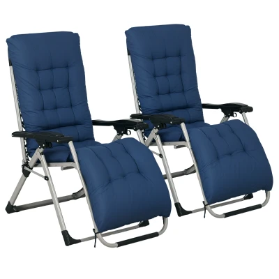 Outsunny Folding Garden Chairs Set of 2, Reclining Zero Gravity Chair, Sun Lounger with Cushion and Headrest, Dark Blue