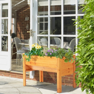 Outsunny Wooden Raised Garden Plant Stand Outdoor Tall Flower Bed Box with Hooks, 48" x 24" x 32", Nature Wood