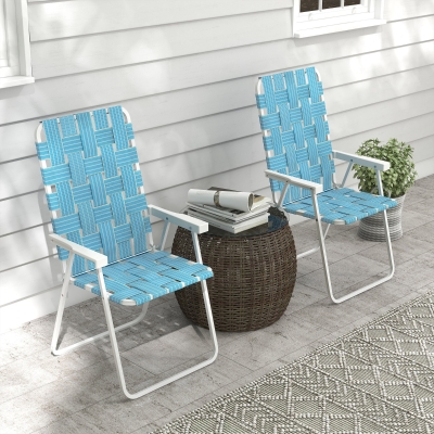 Outsunny Set of 2 Folding Patio Chairs, Portable Chair Set with Armrests for Camping, Garden, Pool, Beach, Backyard, Blue