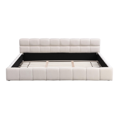 King-Size Chenille Upholstered Bed with Checkerboard Headboard, Durable Bed Frame for Homes and Families, 88'' L x 82.5'' W x 24.5'' H, Beige