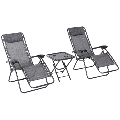 Outsunny Zero Gravity Chair Set of 2 Patio Chair with Side Table Cupholders and Pillows for Pool, Backyard, Lawn, Dark Grey