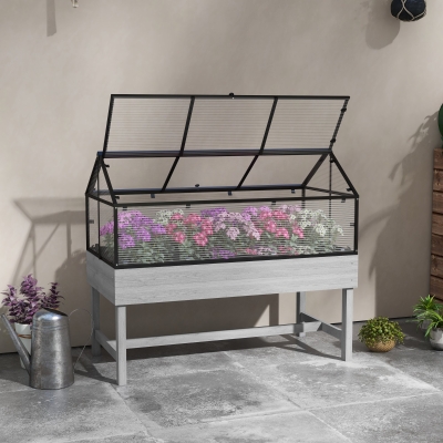 Outsunny Wood Elevated Planter Box with Cold Frame Greenhouse, Raised Garden Bed for Vegetables, Flowers, Herbs, Distressed Grey