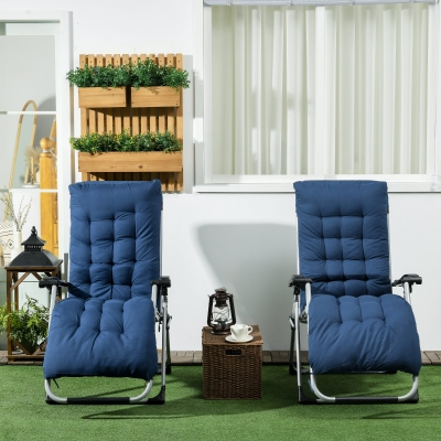 Outsunny Folding Garden Chairs Set of 2, Reclining Zero Gravity Chair, Sun Lounger with Cushion and Headrest, Dark Blue