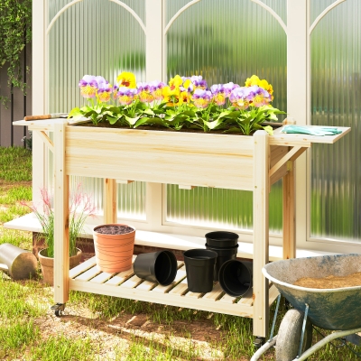 Outsunny Raised Garden Bed, Wood Planter Box with Lockable Wheels, Side Tables, Bottom Shelf, Bed Liner, Drain Holes, Natural