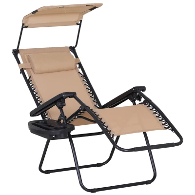Outsunny Outdoor Zero Gravity Reclining Lounger Chair with Canopy Shade, Side Tray, Cupholder, Beige