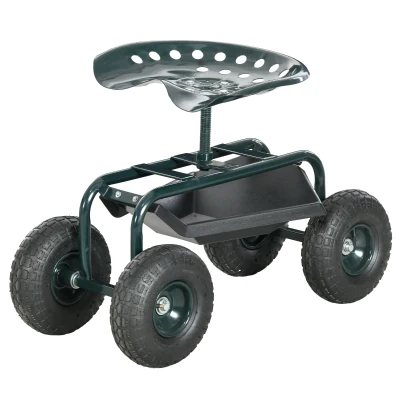 Outsunny Garden Cart Garden Seat on Wheels with Tool Tray, 360° Swivel and Height Adjustable Seat, for Patio and Yard