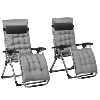 Outsunny Folding Garden Chairs Set of 2, Reclining Zero Gravity Chair, Sun Lounger with Cushion and Headrest, Dark Grey