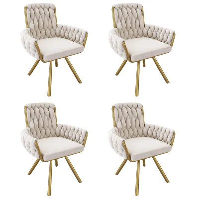 Set of 4 Velvet Tufted Dining Chairs with Ergonomic Support, Industrial-Chic Swivel Chairs with Metal Legs, 25'' L x 25'' W x 34'' H, Beige+Gold