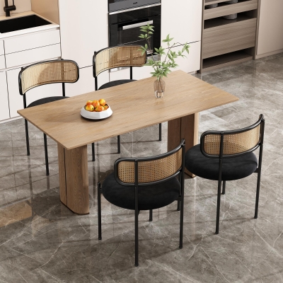 Set of 4 Velvet Dining Chairs with PE Rattan Backrest, Modern Leisure Chairs with Sturdy Metal Legs, 19.5'' L x 20'' W x 29.5'' H, Black+Natural