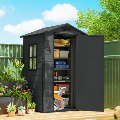 Outsunny 4' x 3' Plastic Garden Shed with Floor, Outdoor Small Shed with Lockable Door, Window and Vent, Dark Grey