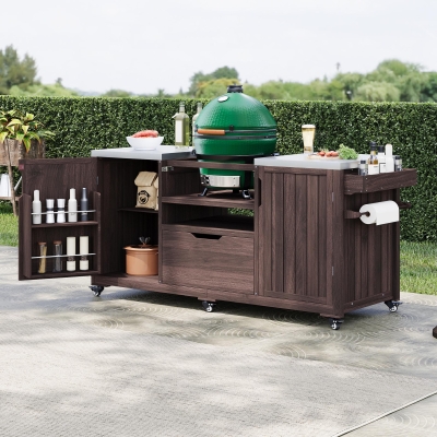 Outdoor Kitchen Island with Stainless Steel Top, Adjustable 5‑Level Shelves, Fir Wood Grill Cart with Drawer, 66.5'' L x 23'' W x 34.5'' H, Dark Brown