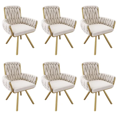 Set of 6 Velvet Dining Chairs with Electroplated Metal Legs, Upholstered Chairs with Ergonomic Support, 25'' L x 25'' W x 34'' H, Beige+Gold