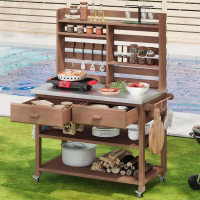 Outdoor Potting Bench Table with 2 Large Drawers, 4 Lockable Wheels, Wooden Kitchen Island with Stainless Steel Top, 52'' L x 22'' W x 65'' H, Brown