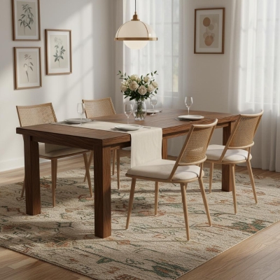 Set of 4 Modern Dining Chairs with PE Rattan Backrest, Ergonomic Side Chairs for Restaurant, 19.5'' L x 19'' W x 31.5'' H, Beige+Natural