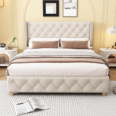 Queen Size Linen Upholstered Bed with Wingback Headboard, Modern Bed Frame with Metal Nailhead Trim, 64.5'' L x 83'' W x 42.5'' H, Beige