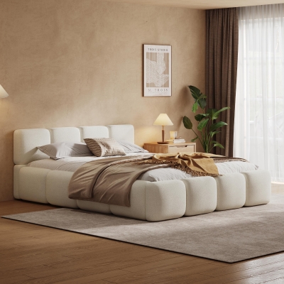 Queen Size Platform Bed with Padded Headboard, Embedded Mattress Retainer, Solid Bedboard with Wood Frame, 88.5'' L x 67'' W x 11.5'' H, White