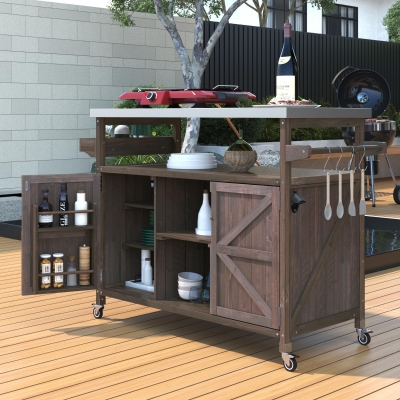 Outdoor Kitchen Island with Stainless Steel Top and Spice Rack, Rolling Bar Cart with Adjustable Shelves, 50'' L x 18.5'' W x 36'' H, Dark Brown
