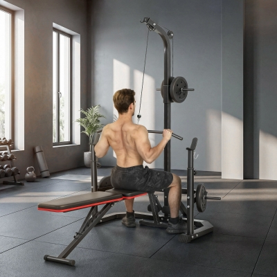 Soozier Cable Machine, Multi-Function Bench Press Rack with Weight Plate Holders, Lat-Pull Down System, Black