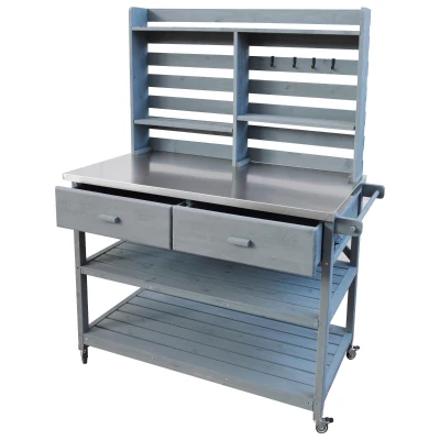 Outdoor Potting Bench Table with 2 Large Drawers, 4 Lockable Wheels, Wooden Kitchen Island with Stainless Steel Top, 52'' L x 22'' W x 65'' H, Grey+Blue