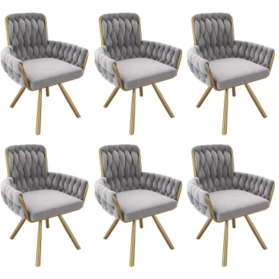 Set of 6 Velvet Dining Chairs with Upholstered Ergonomic Seats, Industrial-Chic Swivel Chairs with Metal Legs, 25'' L x 25'' W x 34'' H, Gold+Gray