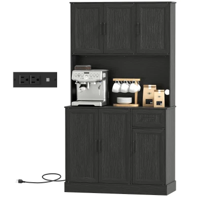 HOMCOM 71" Pantry Cabinet with Charging Station, Kitchen Storage Cabinet with Microwave Stand, Adjustable Shelves, Black