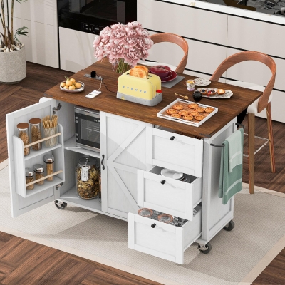 Farmhouse Kitchen Island with Built-in Power Outlet and Drop Leaf, Rolling Kitchen Cart with Locking Wheels, 54.5'' L x 28.5'' W x 36.5'' H, White