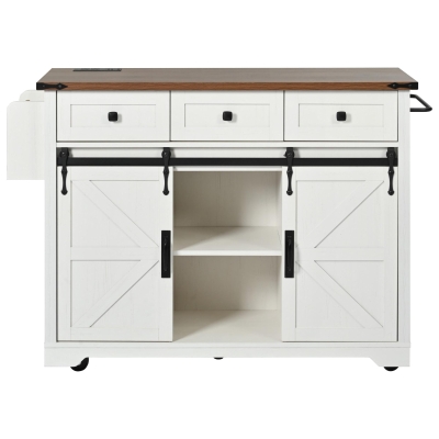 Large Kitchen Island with Built-in Power Outlet and Adjustable Shelves, Rolling Storage Cart with Locking Wheels, 53.5'' L x 18.5'' W x 37'' H, White