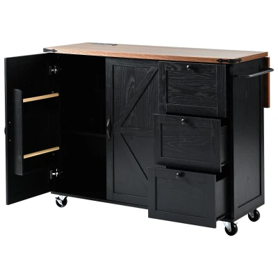 Farmhouse Kitchen Island with Built-in Charging Station, 3 Drawers, Rolling Cart for Kitchen and Dining Room, 54.5'' L x 28.5'' W x 36.5'' H, Black