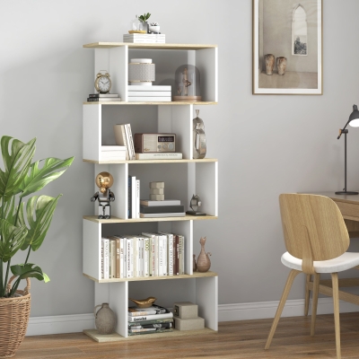 HOMCOM 5-Tier Bookshelf, Geometric S Shaped Bookcase, Tall Narrow Display Shelf for for Living Room, Study Room, White