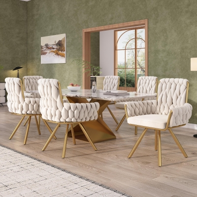 Set of 6 Velvet Dining Chairs with Electroplated Metal Legs, Upholstered Chairs with Ergonomic Support, 25'' L x 25'' W x 34'' H, Beige+Gold