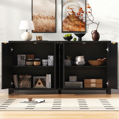 Fluted Buffet Cabinet with 4 Doors, Adjustable Shelves, Soft-Close Hinges, Large Buffet Sideboard for Dinning Room, 55'' L x 15.5'' W x 33'' H, Black