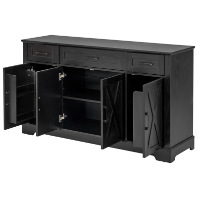 Large Buffet Sideboard with 3 Drawers and 4 Internal Door Shelves, Modern Coffee Bar for Kitchen, Living Room, 55'' L x 15.5'' W x 32'' H, Black