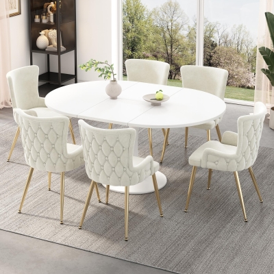 Modern Extendable Dining Set with Table and 4 Chairs, Space-Saving Dining Set for 4–6 Seaters, 55'' L x 39.5'' W x 29.5'' H, Beige+Gold+White