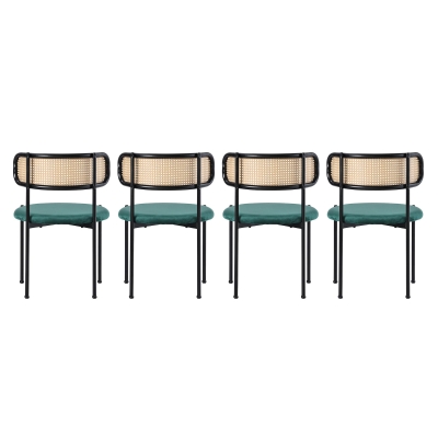Set of 4 Modern Velvet Dining Chairs with PE Rattan Backrest, Minimalist Leisure Chairs with Round Padded Seat, 19.5'' L x 20'' W x 29.5'' H, Green
