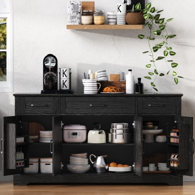 Large Buffet Sideboard with 3 Drawers and 4 Internal Door Shelves, Modern Coffee Bar for Kitchen, Living Room, 55'' L x 15.5'' W x 32'' H, Black