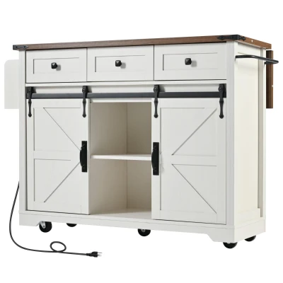 Farmhouse Kitchen Island with 2 Sliding Barn Doors, 3 Drawers, Rolling Kitchen Cart with Built-in Power Outlet, 53.5'' L x 18.5'' W x 37'' H, White