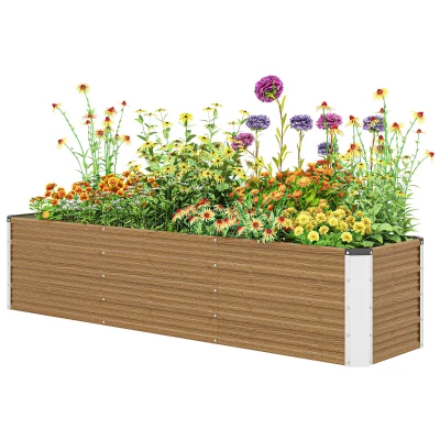 Outsunny 6' x 1.5' x 1.3' Galvanized Raised Garden Bed, Elevated Large Metal Planter Box w/ Install Gloves, Brown Wood Effect