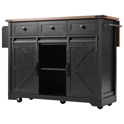 Large Kitchen Island with 2 Sliding Barn Doors and 3 Drawers, Rolling Island with Built-In Power Outlet, 53.5'' L x 18.5'' W x 37'' H, Black