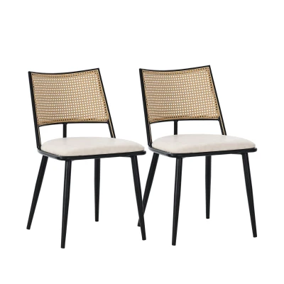 Set of 2 Modern Dining Chairs with PE Rattan Backrest, Ergonomic Side Chairs for Home or Restaurant, 19.5'' L x 19'' W x 31.5'' H, Black+Natural