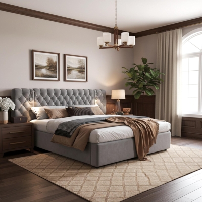 King Size Upholstered Bed with Extra-Wide Diamond Tufted Headboard, Plush Velvet Bed with Built-In Reading Lights, 83'' L x 102'' W x 42'' H, Grey